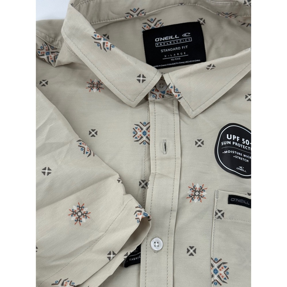 ONeill TRVLR Series Mens XL Khaki Print UPF 50 Moisture Wicking Stretch Shirt